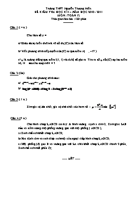 Đê kiểm tra hoc ki I  Năm học 2010 - 2011 môn Toán 12 - Trương THPT Nguyên Thương Hiên